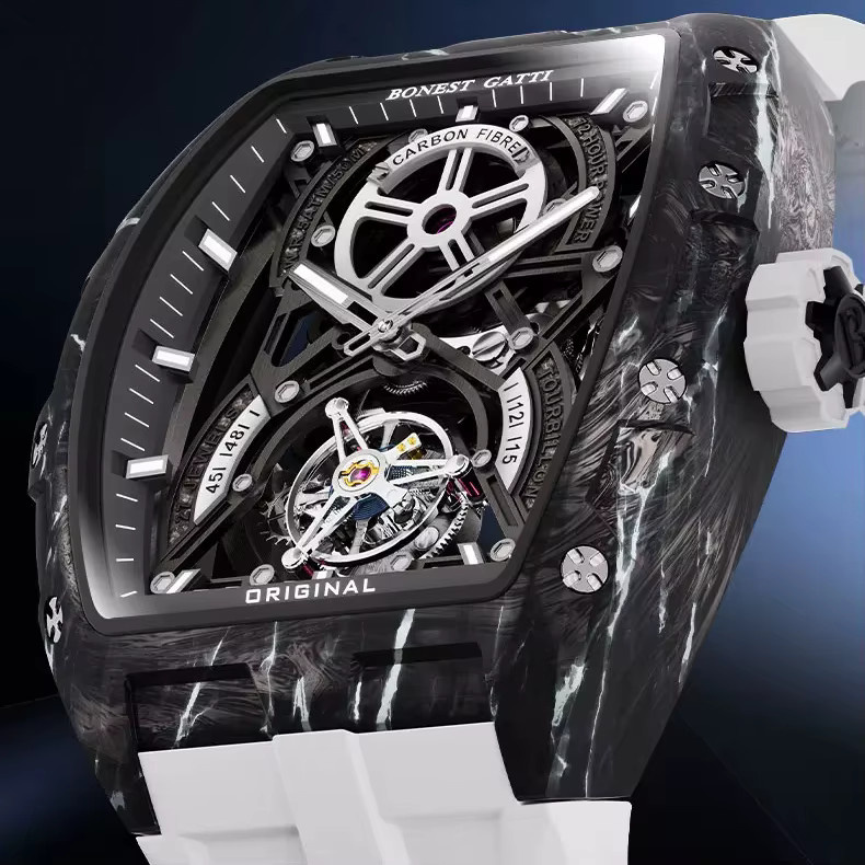 BONEST GATTI Armbanduhr, Tourbillon, Tonneau, Kohlefaser, Kautschuk, Herren - Bild 3