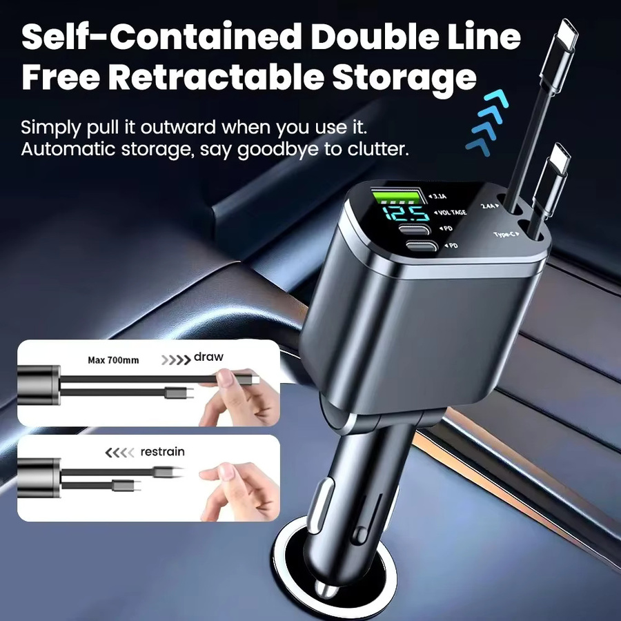 5-in-1 Einziehbares Autoladegerät mit USB Typ C PD und Schnellladefunktion für iPhone und Samsung, Zigarettenanzünder-Adapter in Schwarz - Bild 5