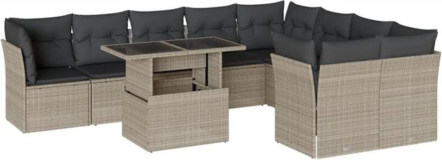 vidaXL 10-teilige Garten-Sofagarnitur aus Polyrattan in Hellgrau mit Kissen und Gartentisch - Bild 1