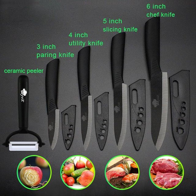 MYVIT Keramikmesser Set mit Zirkonia-Klinge und Schäler, verschiedene Größen, mehrfarbige Griffe, Schwarz und Weiß - Bild 1