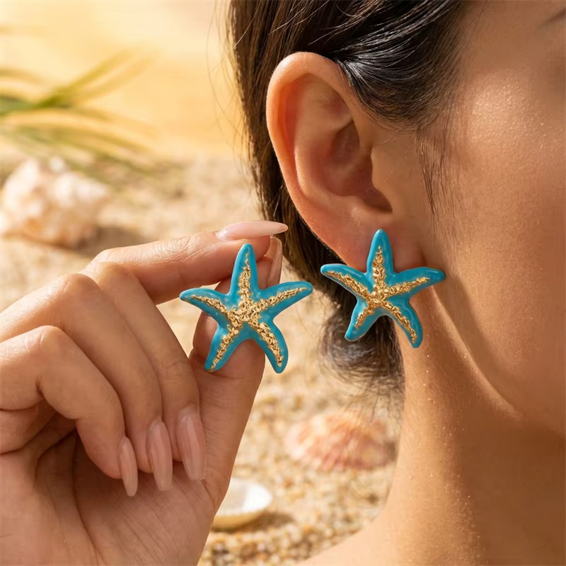 Rinhoo Ohrstecker, Seestern, blau-goldfarben, Messing, Damen - Bild 2