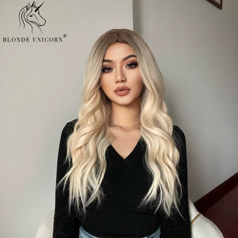 Blonde Unicorn Synthetische Perücke, Ombre Braun bis Platin, Lang, Gewellt, Damen - Bild 2