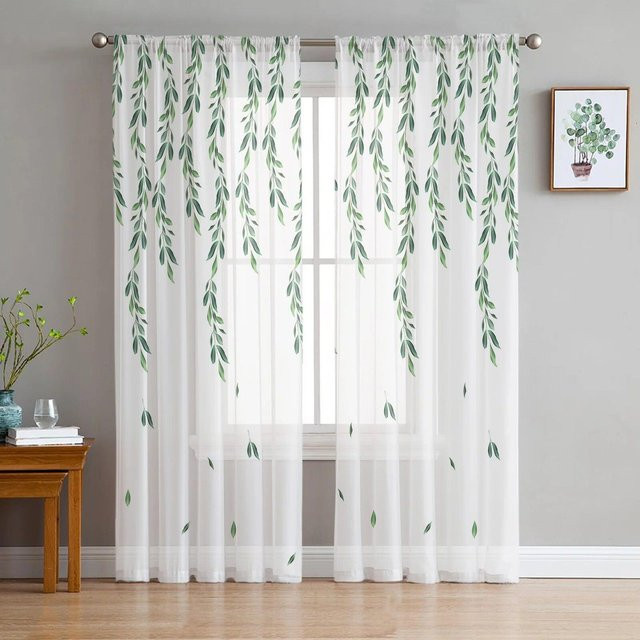A Family Of Home Textiles Transparenter Chiffon-Vorhang mit floralem Blättermuster in Weiß und Multicolour, Breite: 135 cm, Höhe: 137 cm - Bild 1