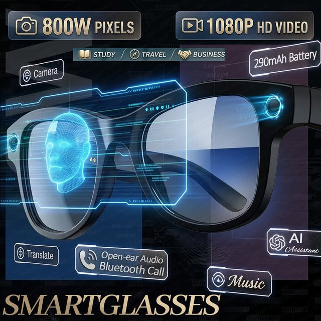 GUHUAVMI KI-Smart-Brille mit 4K HD Kamera, ChatGPT Sprachassistent und Bluetooth Anruffunktion in Schwarz - Bild 1