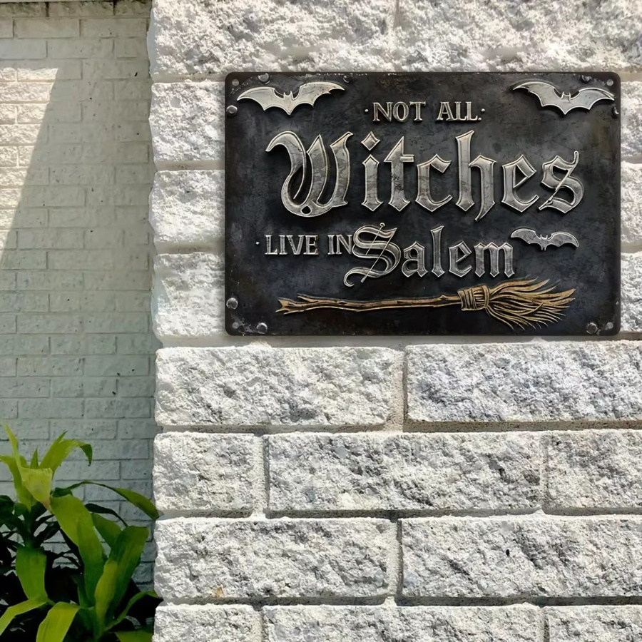 HELLOYOUNG Vintage Aluminium-Wandschild Not All Witches Live in Salem, Halloween-Dekoration mit Fledermaus- und Besen-Design, Schwarz, B: 30,0 cm, H: 20,0 cm - Bild 4