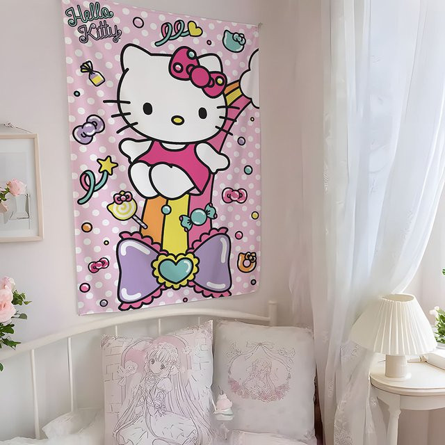 Sanrio Hello Kitty Wandteppich in Pink mit Fantasy-Hintergrund für Kinder und Mädchen - Bild 1