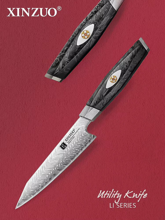 XINZUO Allzweckmesser aus 145-lagigem M390 Damaststahl mit Kohlefaser-Harzgriff in Silber - Bild 7
