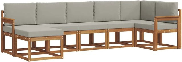 vidaXL Outdoor-Sofagarnitur 7-tlg. aus massivem Akazienholz in Natur und Hellgrau mit L-Form und Kissen - Bild 1