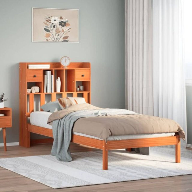 Massivholzbett aus Kiefer mit Regal von Vidaxl in Braun, B/T/H: 75 x 190 cm - Bild 1