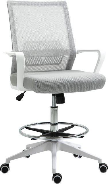 Vinsetto Bürostuhl von Aosom, höhenverstellbarer Bürohocker mit 360° Drehsitz und atmungsaktivem Netzgewebe, Grau und Weiß, T: 59 cm, B: 64 cm, H: 104-124 cm - Bild 1