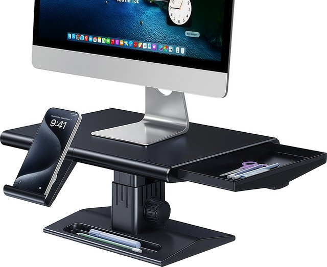 Oatsbasf Desktop-Monitorständer und Laptop-Halterung mit Telefonhalterung, höhenverstellbar, Schwarz - Bild 1