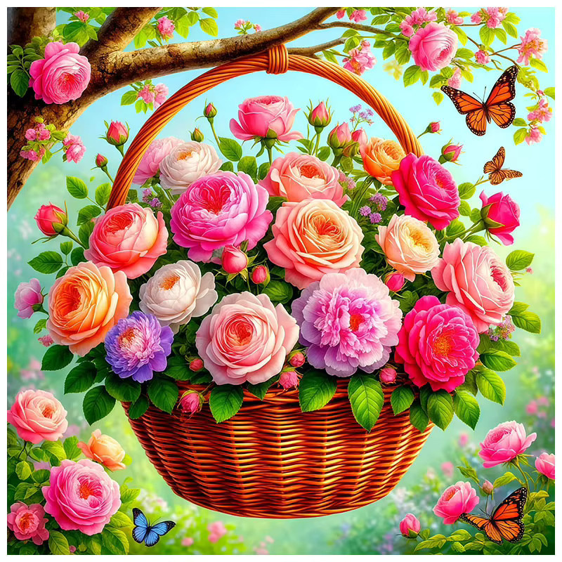 HUACAN Diamantmalerei Set mit Rosen, Pfingstrosen und Gänseblümchen als Mosaik-Blumenkorb zur Wanddekoration, Mehrfarbig, Durchmesser: 20 cm - Bild 3