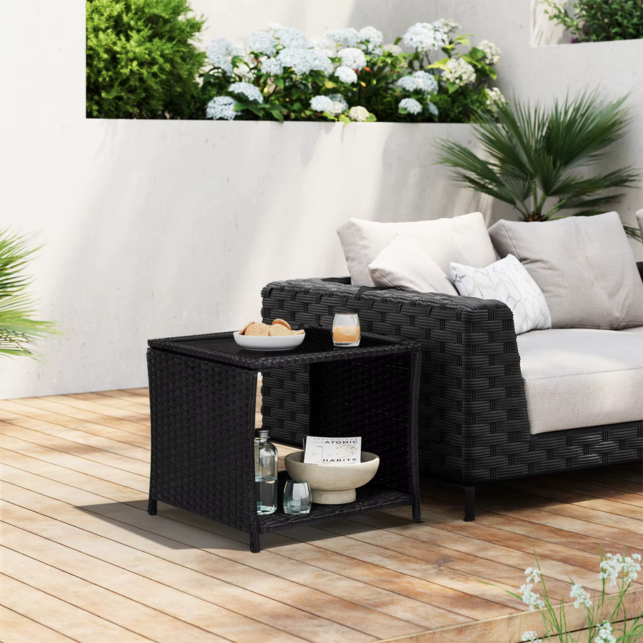 WOLTU Polyrattan Gartentisch in Schwarz mit Glasplatte und offenem Stauraum für Balkon und Terrasse - Bild 4