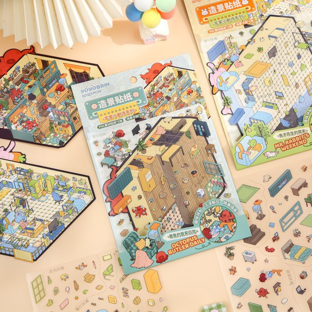 Mr. Rabbit's Weekend Diorama Aufkleber-Set mit Hintergrundkarte für DIY Scrapbooking und Raumdekoration, 3 Blätter pro Packung, Multicolour - Bild 1