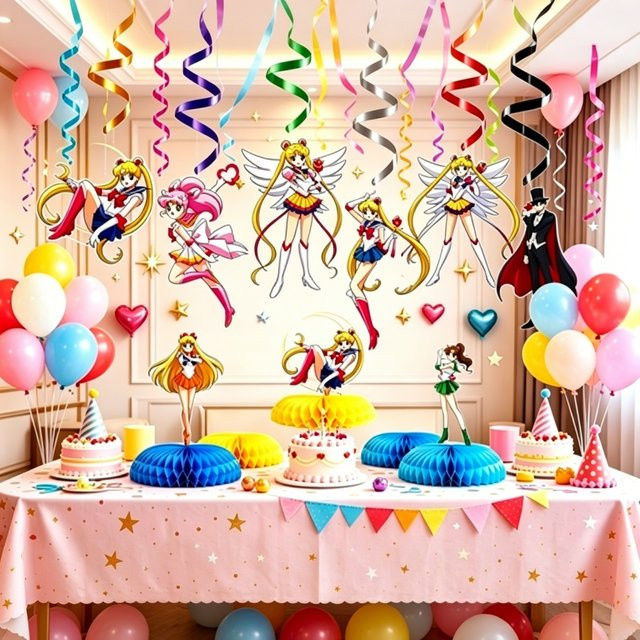 Sailor Moon Happy Birthday Party Dekoration Set mit Einweg-Tischgeschirr, Wabenfiguren, Banner und Spiralgeschenken in Multicolour - Bild 1