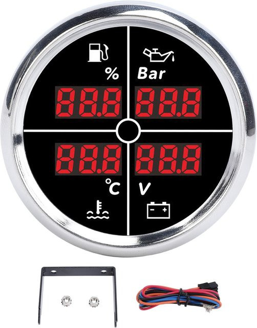 DIYelecs 4-in-1 Multifunktionsanzeige Digitalanzeige mit Kraftstoffstand, Öldruck, Wassertemperatur und Voltmeter, 52mm, Silbernes Gehäuse, Schwarzes Zifferblatt - Bild 1