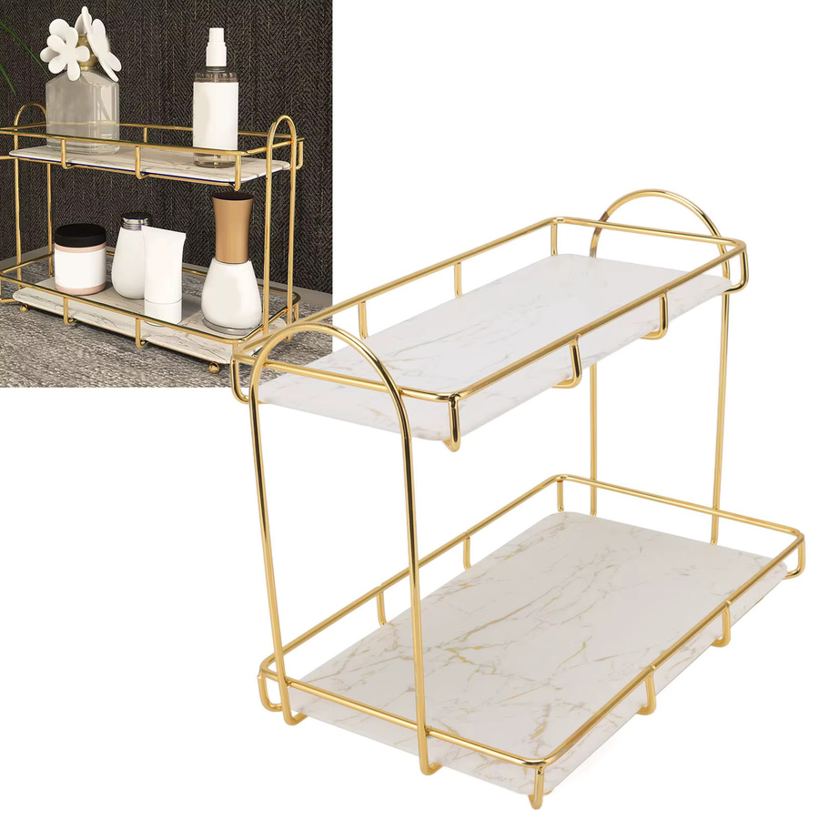Qiilu Eckregal für das Badezimmer in Gold und Weiß, 2-stufiges Standregal aus Metall mit Anti-Rutsch-Funktion - Bild 2