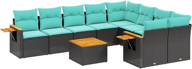 vidaXL 10-tlg. Garten-Sofagarnitur in L-Form aus Polyrattan und Akazienholz mit Kissen, Schwarz - Bild 1