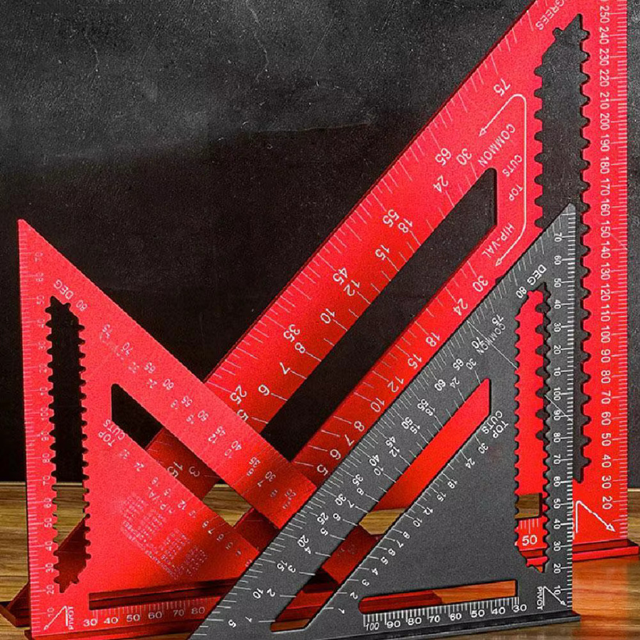 Hochpräzises Dreieckslineal aus Aluminiumlegierung in Rot mit metrischer und imperialer Doppelskala für die Holzbearbeitung und Layoutmessung - Bild 2