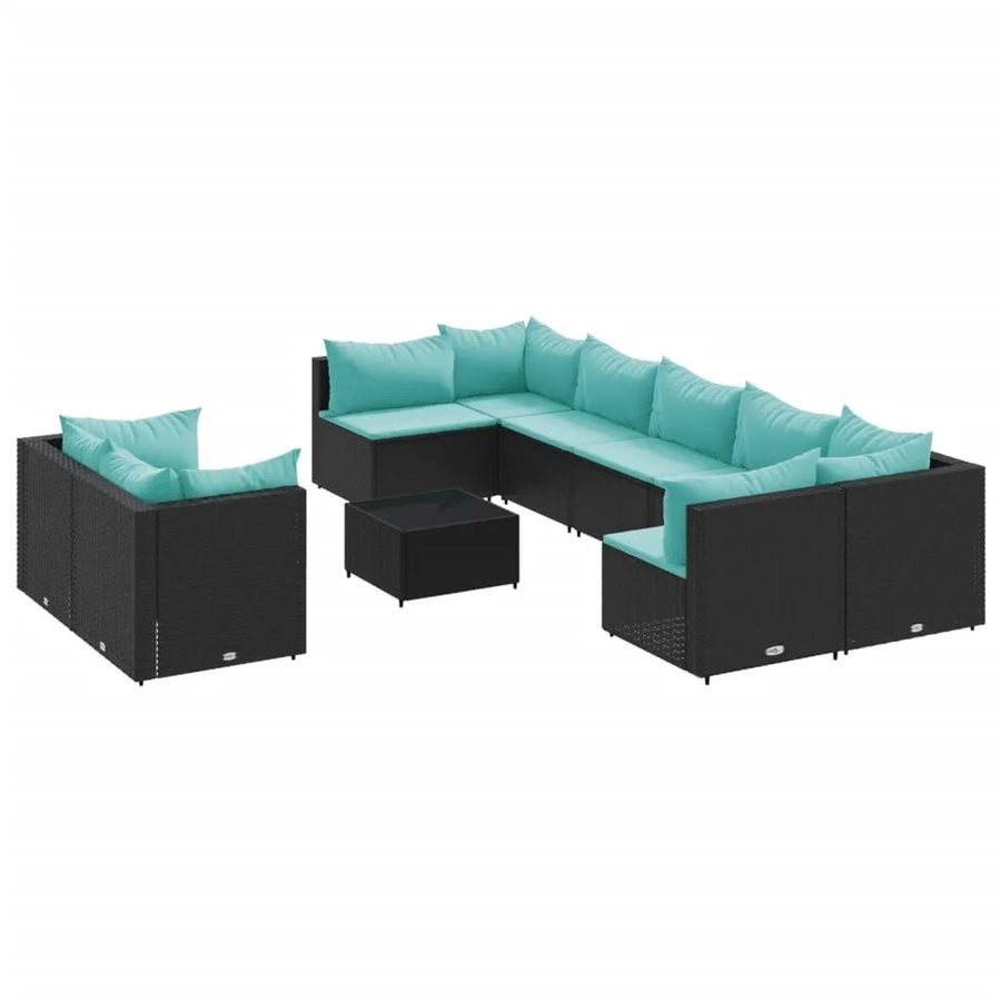 vidaXL 10-teilige Garten-Sofagarnitur in U-Form aus schwarzem Poly-Rattan mit Kissen und Couchtisch - Bild 2