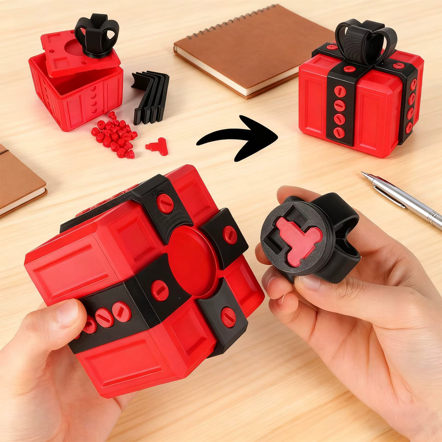 Streich-Geschenkbox mit Schrauben aus Kunststoff in Rot und Schwarz für Pranks und als Kartenbehälter - Bild 3