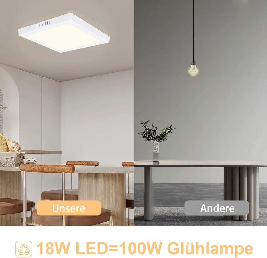 Cliheet Moderne LED-Deckenleuchte in Weiß, Quadratisch, 18 W, 4000 K, IP44 Wasserdicht für Badezimmer und Küche, Durchmesser: 23 cm - Bild 2