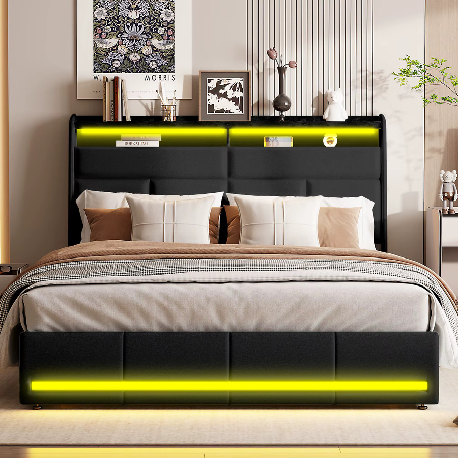 Rosahqnda Doppelbettgestell mit LED-Beleuchtung und USB-Anschluss, Polsterbett mit hydraulischem Stauraum in Weiß, B/T: 160 x 200 cm - Bild 2
