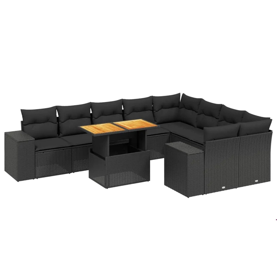 vidaXL 10-tlg. Garten-Sofagarnitur in L-Form aus Polyrattan und Akazienholz mit Kissen, Schwarz - Bild 2