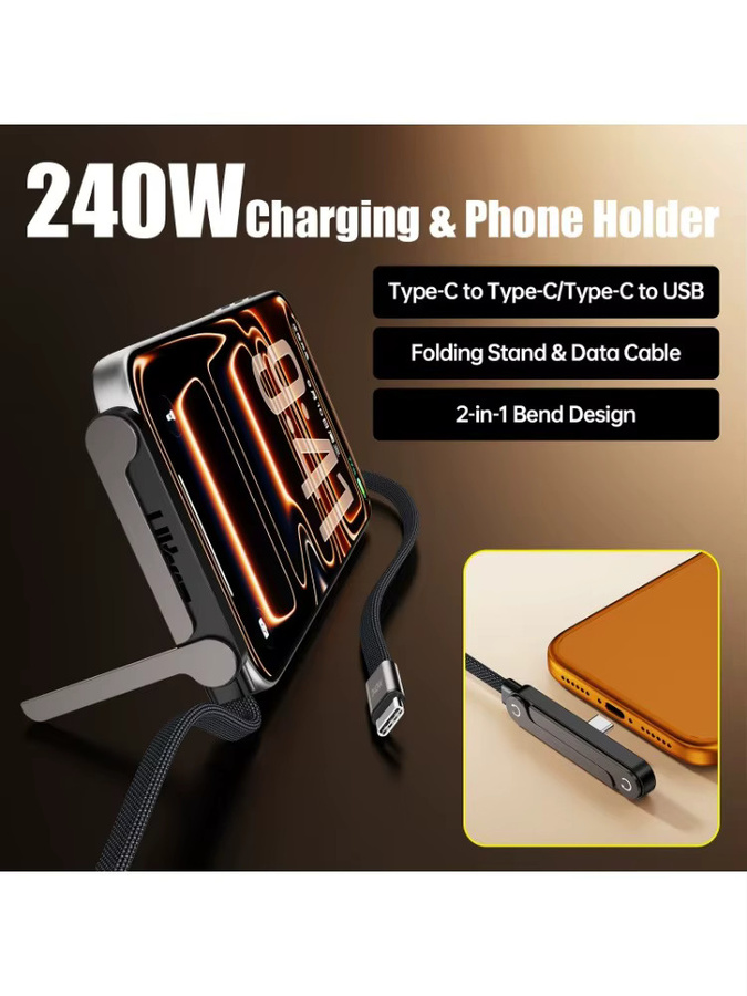 MINGCVIL USB-C Schnellladekabel 240W mit 180 Grad Knickschutz und Telefonhalter, geflochtene Datenleitung in Schwarz - Bild 6