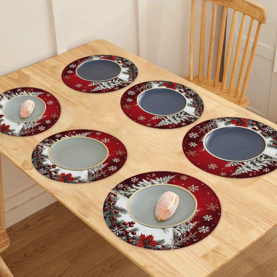 VIKAMA 6-teiliges Tischset-Set aus Leinen mit Weihnachtsschneeszene in Rot, rund, Durchmesser: 38 cm - Bild 3