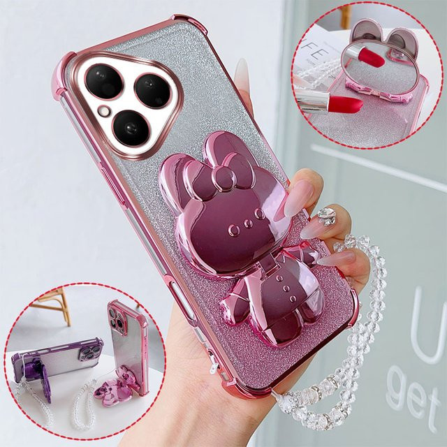 Stoßfeste Huawei Handyhülle mit Hasen-Motiv, drehbarem Ständer und Kristall-Lanyard in Silber - Bild 1