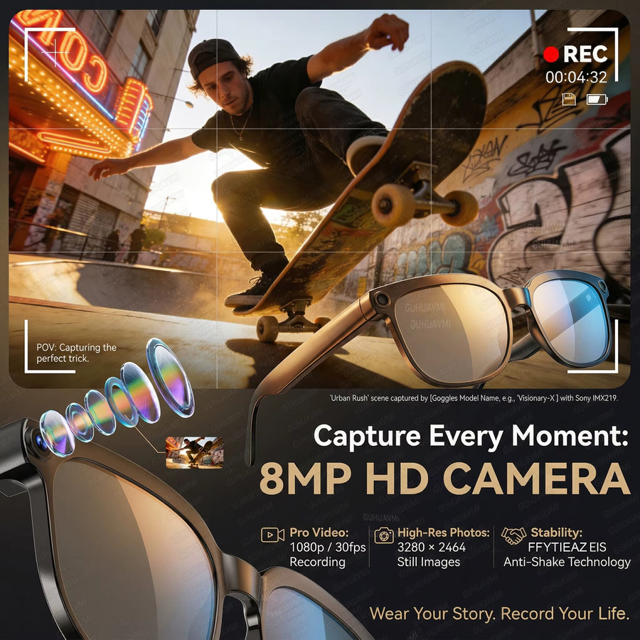 GUHUAVMI KI-Smart-Brille für Herren mit 4K HD Photochromismus, 800W Pixel Kamera, 1080P Video, KI-Chat, Musikplayer und Anruffunktion in Schwarz und Multicolour - Bild 3