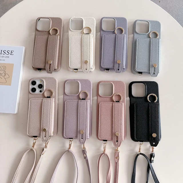 Crossbody Handyhülle mit Armband und Kartenhalter für Apple iPhone 15 14 13 12 11 Pro Max Mini Plus in Beige aus Leder - Bild 1