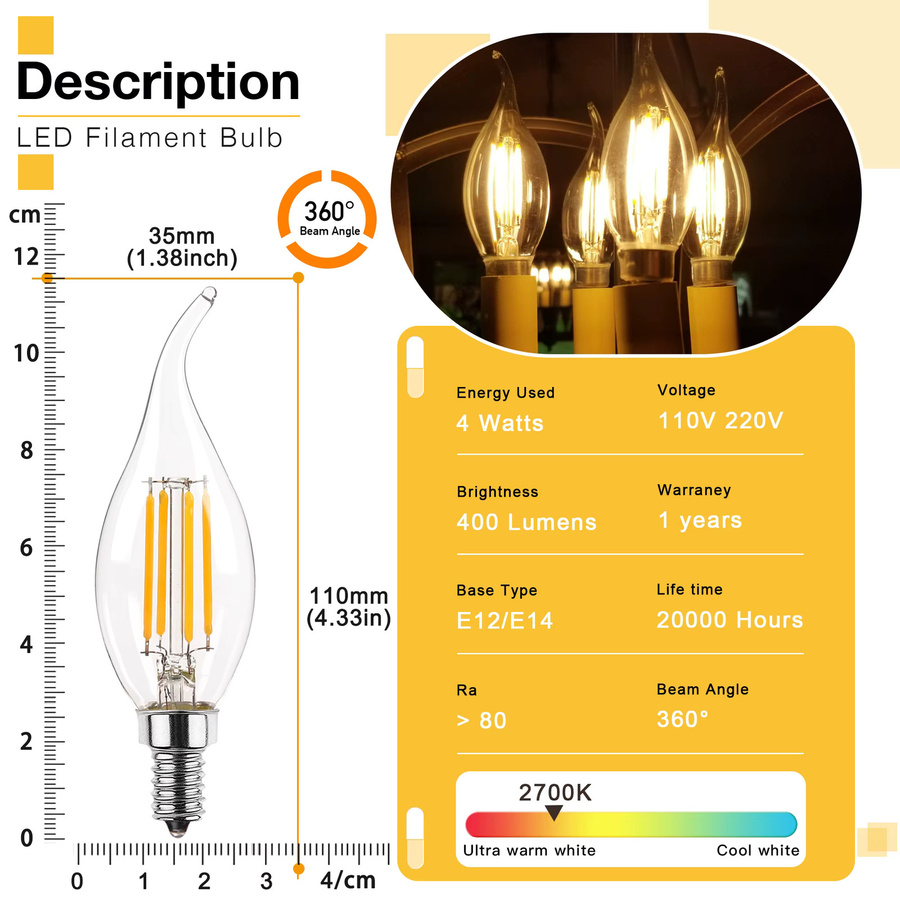 Genixgreen 6er Set LED Vintage Kerzen Glühbirnen mit Flammenform, E14 Fassung, 4W (40W Äquivalent), dimmbar, transparentes Glas - Bild 2