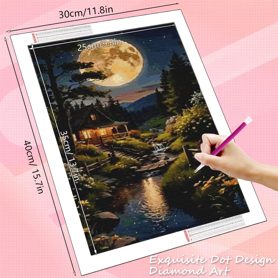 HUACAN Diamant-Mosaik Set 5D Haus und Landschaft mit Mond Motiv, Multicolor, B/H: 30,0 x 20,0 cm - Bild 2