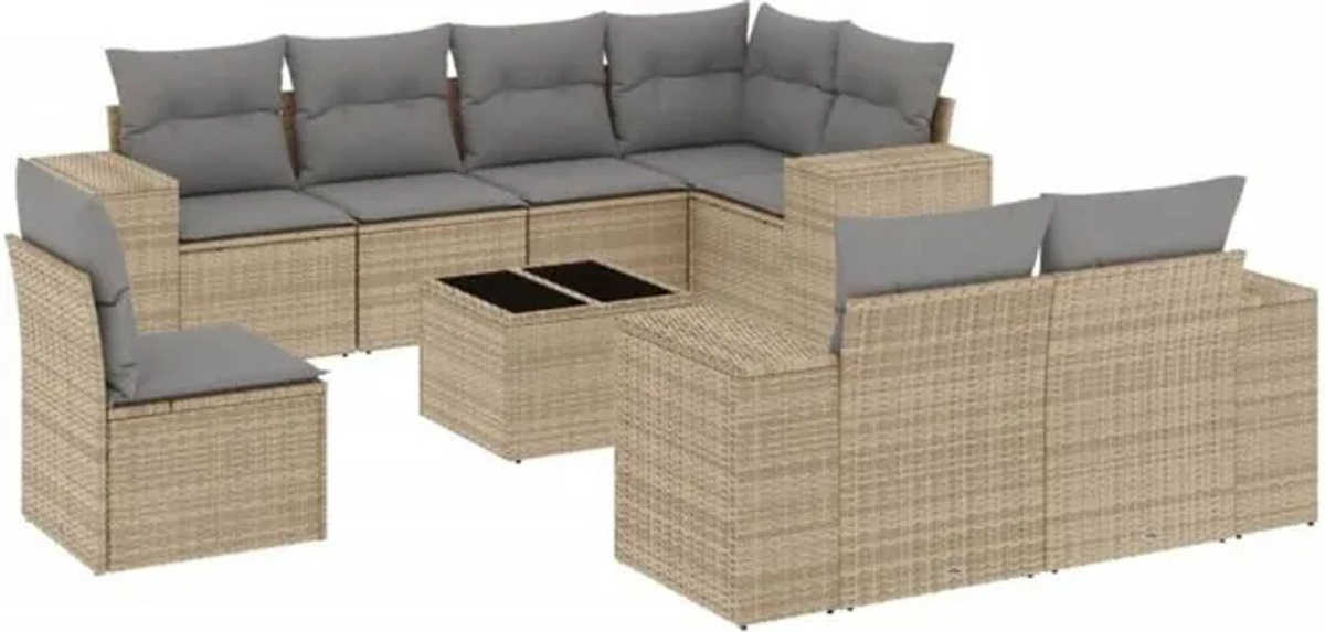 Vidaxl 9-tlg. Garten-Sofagarnitur aus Polyrattan mit Kissen in Beige und Grau - Bild 1