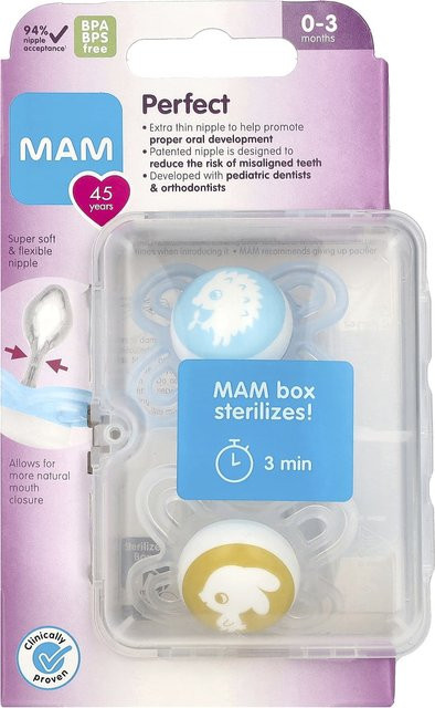 MAM Schnuller Set 2-teilig für Jungen, 0-6 Monate, Weiß/Mehrfarbig, Orthodontisch und BPA-frei - Bild 1