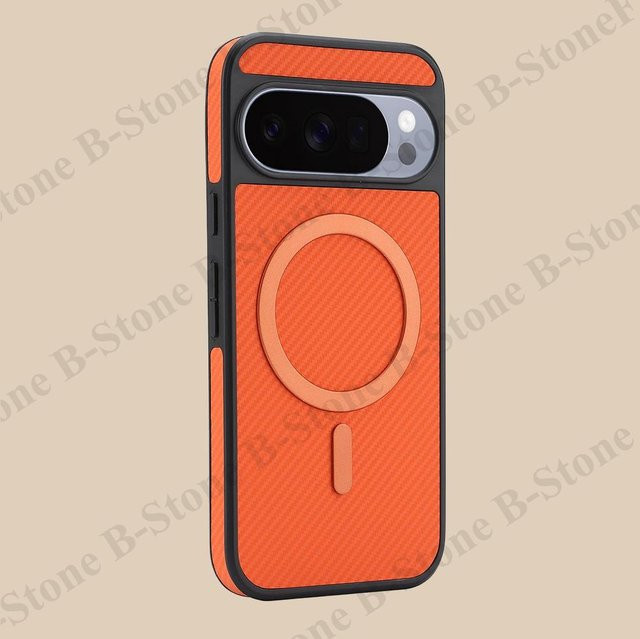 Magnetische Handyhülle mit Karbonfaser-Muster für Google Pixel 9, 9 Pro, 9A, 10, 10 Pro, 10A und Pro XL, kabelloses Laden, Farbe: Orange - Bild 1