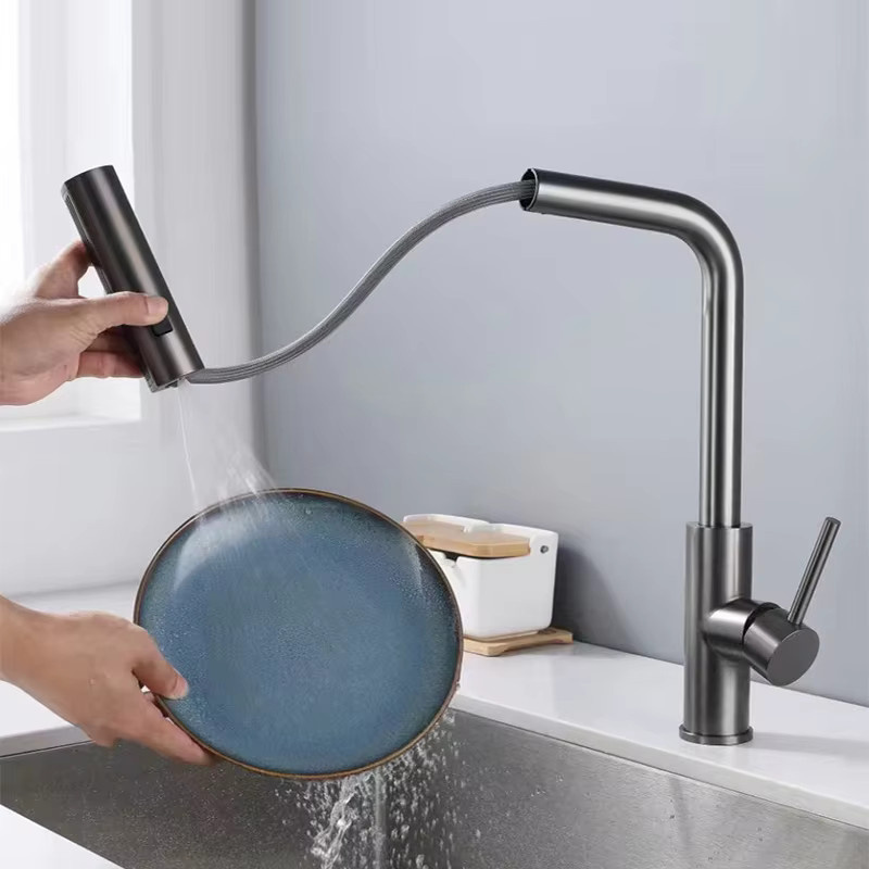 Ycrays Küchenarmatur mit Sensor und Wasserfall-Funktion, ausgebürstetes Nickel, 3 Modi, ausziehbarer Auslauf, Schwarz/Grau, H: 36,0 cm, B: 32,0 cm, T: 14,0 cm - Bild 1