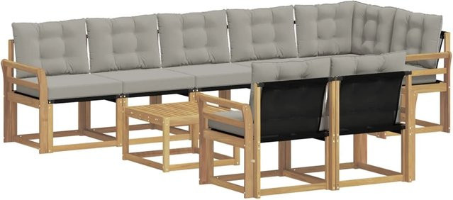 vidaXL Outdoor-Sofagarnitur 9-teilig aus Akazienholz und Textilene in Weiß-Hellgrau mit Kissen und Armlehnen - Bild 1
