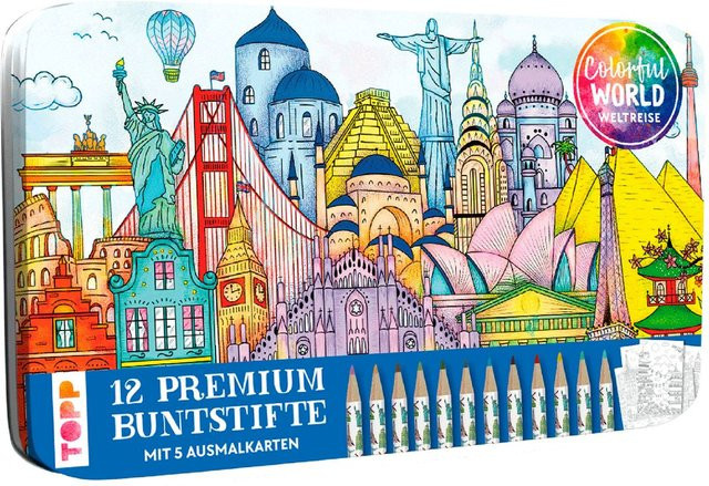 Topp Designdose mit 12 Buntstiften Colorful World Weltreise in Multicolor aus Metall - Bild 1