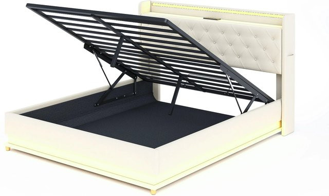 Merax Polsterbett mit LED-Beleuchtung und USB-Anschluss in Beige, B/T/H: 160 x 200 x 113 cm (Unterbau: 213 x 166 x 55 cm) - Bild 1