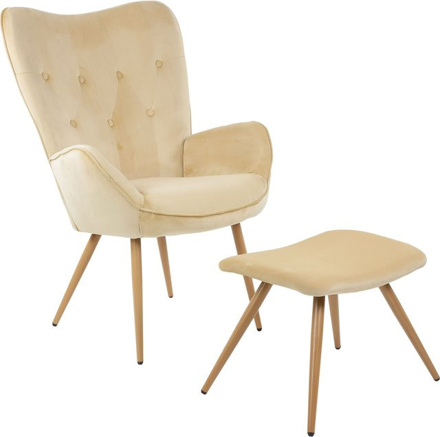 Albatros Ohrensessel YORK mit Hocker aus Samt in Beige - Bild 1