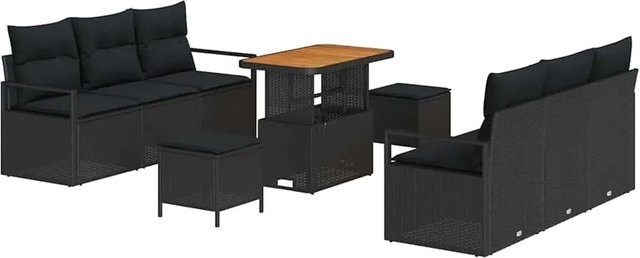 vidaXL Garten-Sofa-Set aus Poly-Rattan in Schwarz, 9-teiliges Lounge-Set mit Kissen für Terrasse und Garten - Bild 1