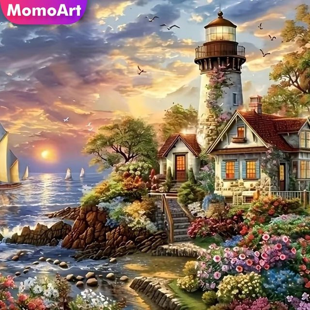 Momoart Diamant-Malerei-Set Leuchtturm-Landschaft an der Küste, rundes DIY-Mosaik-Bastelset in Multicolour, B/T/H: 20 x 20 x 20 cm - Bild 1