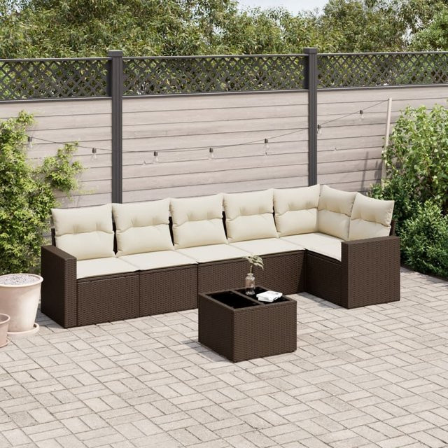 vidaXL 7-teilige Garten-Sitzgruppe in L-Form aus Polyrattan mit Kissen in Braun - Bild 2