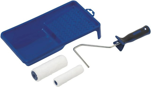 LUX-TOOLS 4-teiliges Lasuren-Roller-Set für Dickschicht-Lasur in Blau mit Polyamid-Rollen und Kunststoff-Abstreifer - Bild 1