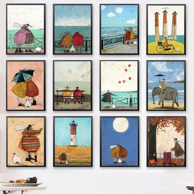 Potdemiel Leinwandgemälde im Vintage-Stil mit abstraktem Familien-Motiv und Tieren, mehrfarbiges Wandbild im skandinavischen Design für deine Heimdekoration - Bild 1