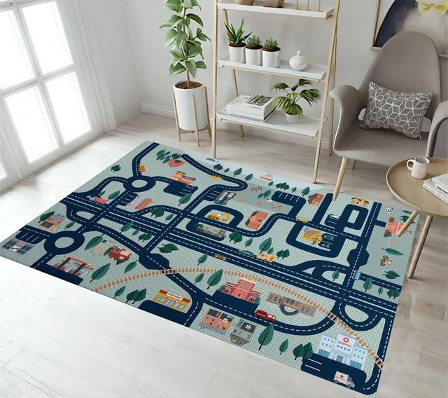Lodestar Kinder Spielteppich mit Auto und Straßenbahn, weicher Samt-Teppich rutschfest und waschbar, B/T: 80 x 50 cm, Mehrfarbig - Bild 1