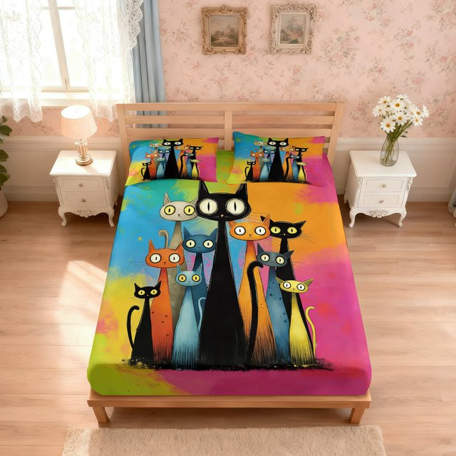 3-teiliges Chipless Bettwäsche-Set mit Cartoon-Katzen-Druck in Multicolour - Bild 1